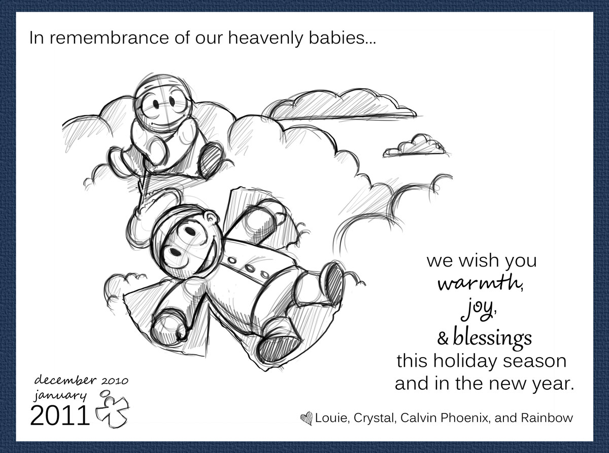 2011 holiday card with drawing of Calvin and Rainbow making a cloud angel